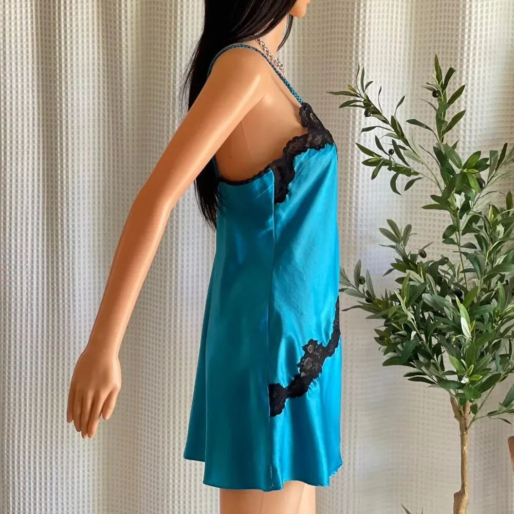 Vintage Y2K Victoria's Secret Teal Blue Mini Slip Dress Satin Lace Babydoll Sz S